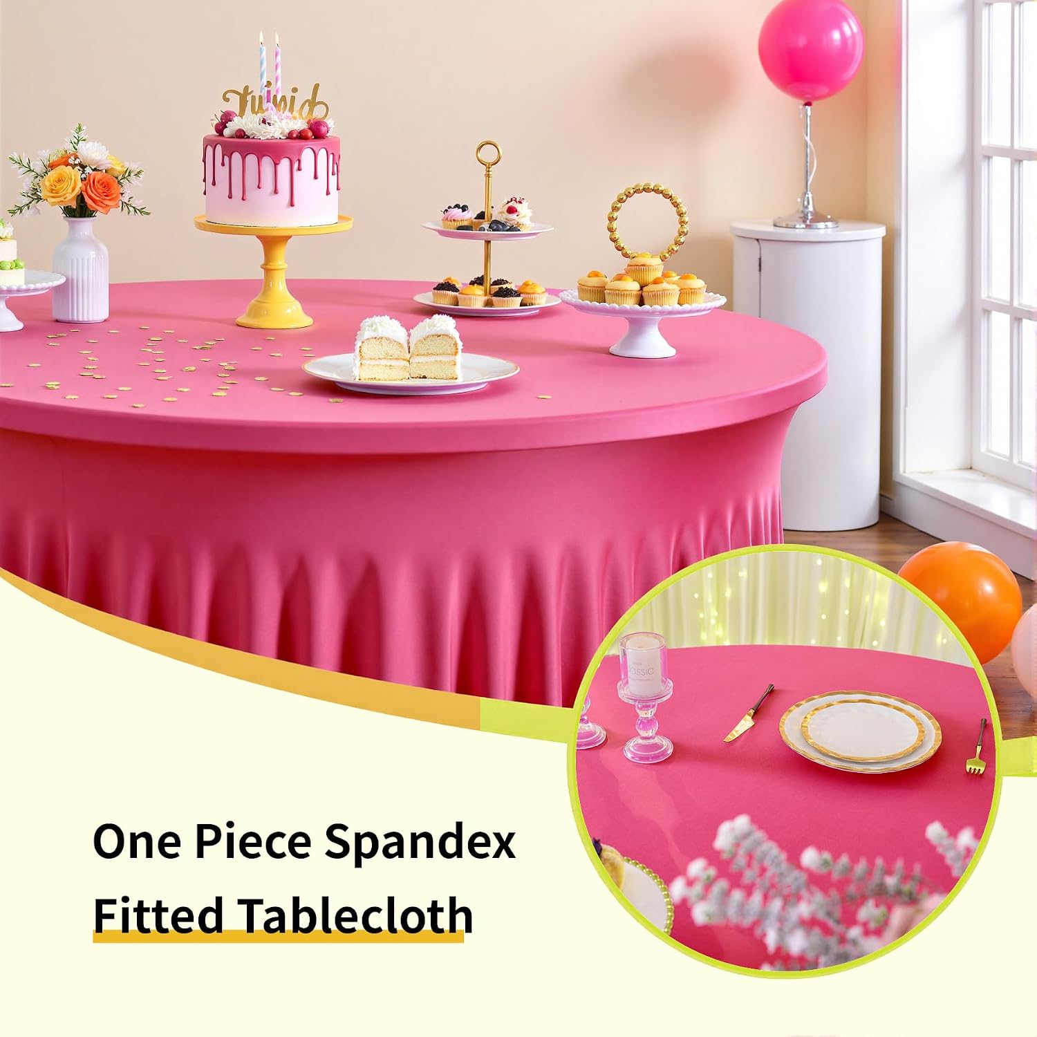 Outpain 6 Pack Spandex Hot Pink Round Tablecloths for 60in Tables, 120Inch Stretchy Fitted 5FT Round Table Clothes,Wrinkle Free Table Cover with Skirt for Wedding Party Dining Banquet