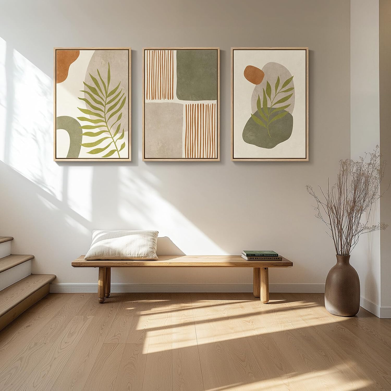 Large Framed Tropical Boho Wall Art for Living Room, 3 Piece Mid Century Modern Sage Green Canvas Artwork for Walls, Bohemian Prints Pictures Wall Decor for Bedroom Home Office Hallway, 20x30 Inch
