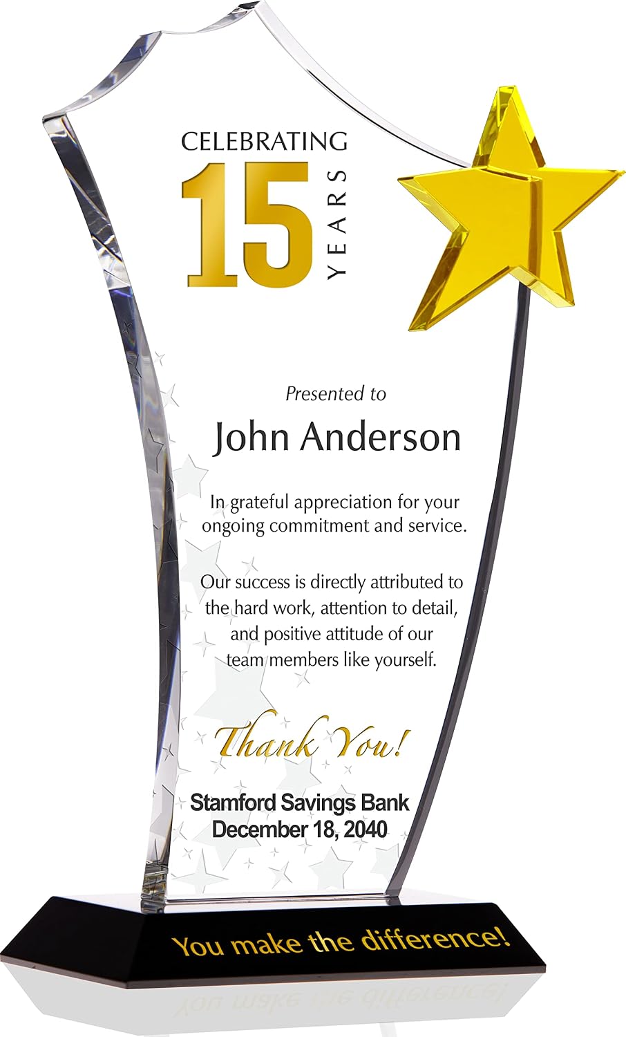 Personalized Crystal Gold Star Employee Long Service Award Plaque, Customized with Employee Name, Years of Service and Company Name, Unique Corporate Service Award Trophy (M - 8.5')