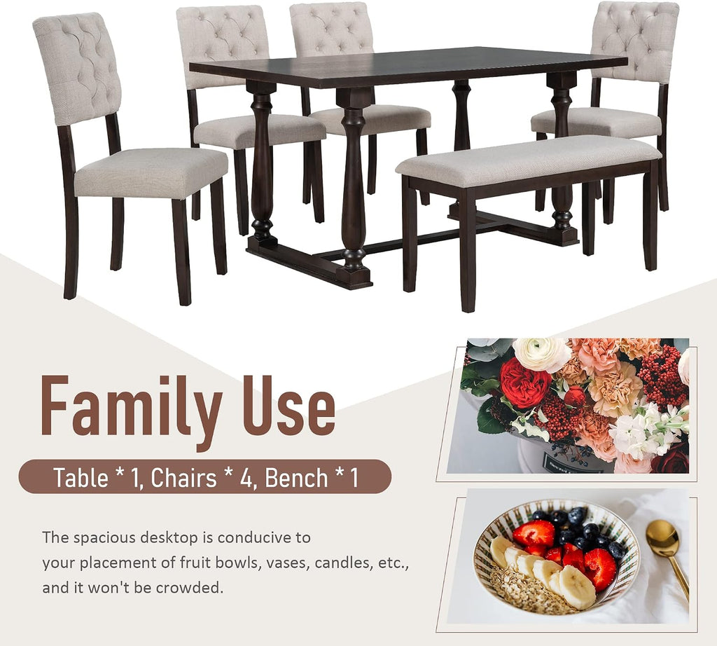 6 Pieces Dining Table Chair Set, Rectangle Dining Table with 4 Upholstered Chairs & a Bench, Wood Kitchen Table Chairs Set for 6 Persons, Modern Style Dining Room Set (Espresso+ Beige)