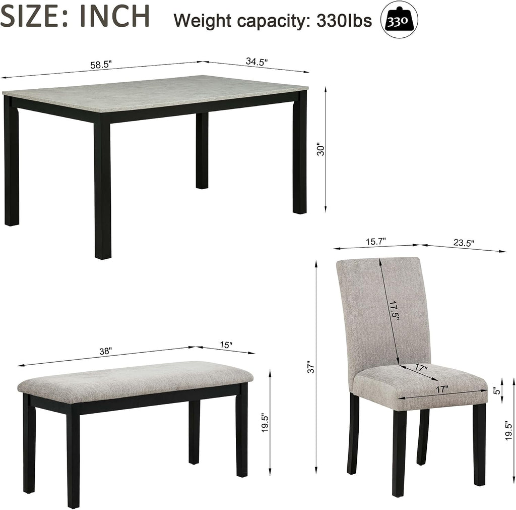 LUMISOL 6-Piece Dining Table Set with Bench, Solid Wood Kitchen Table Set with Concrete-Effect Tabletop and 4 Upholstered Chairs, Modern Dining Room Furniture, Grey & Black