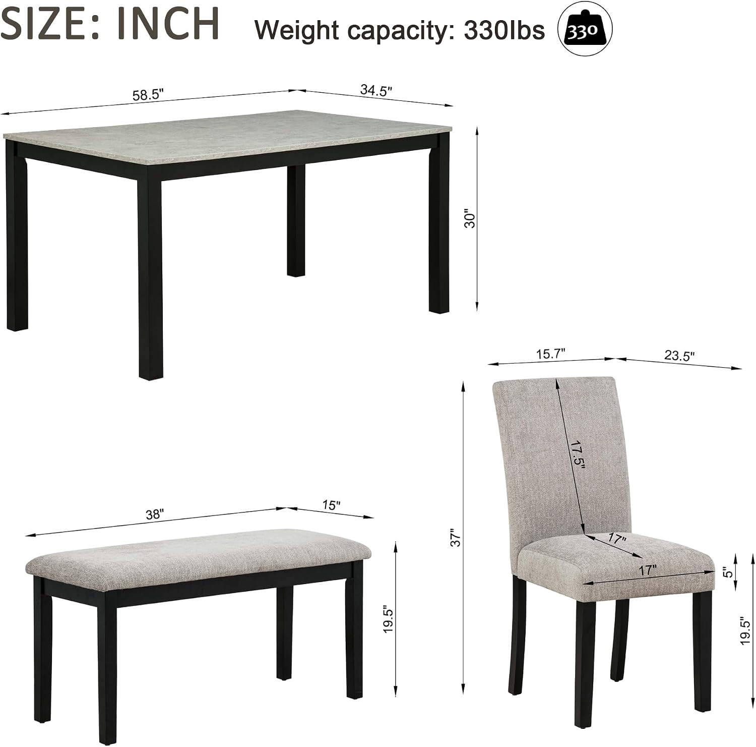 LUMISOL 6-Piece Dining Table Set with Bench, Solid Wood Kitchen Table Set with Concrete-Effect Tabletop and 4 Upholstered Chairs, Modern Dining Room Furniture, Grey & Black