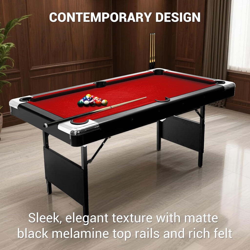 6,7 Foot Foldable Pool Table, Portable Billiards Table with Full Accessories Set, No Assembly, Metal k-Shaped Legs, Includes 16 Balls, 2 Cue Sticks, Chalk, Rack & Brush, Game Room Table for Home, Apar