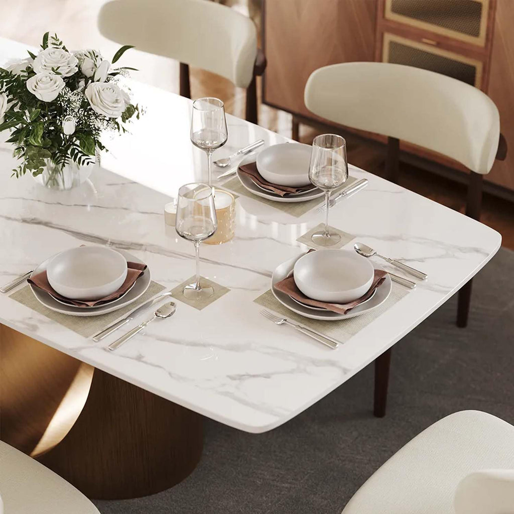 POVISON 71' Hobart Modern Rectangular Dining Table for 6, Glossy White Sintered Stone Tabletop with Bronze Carbon Steel Pedestal for Dining Room (Table Only