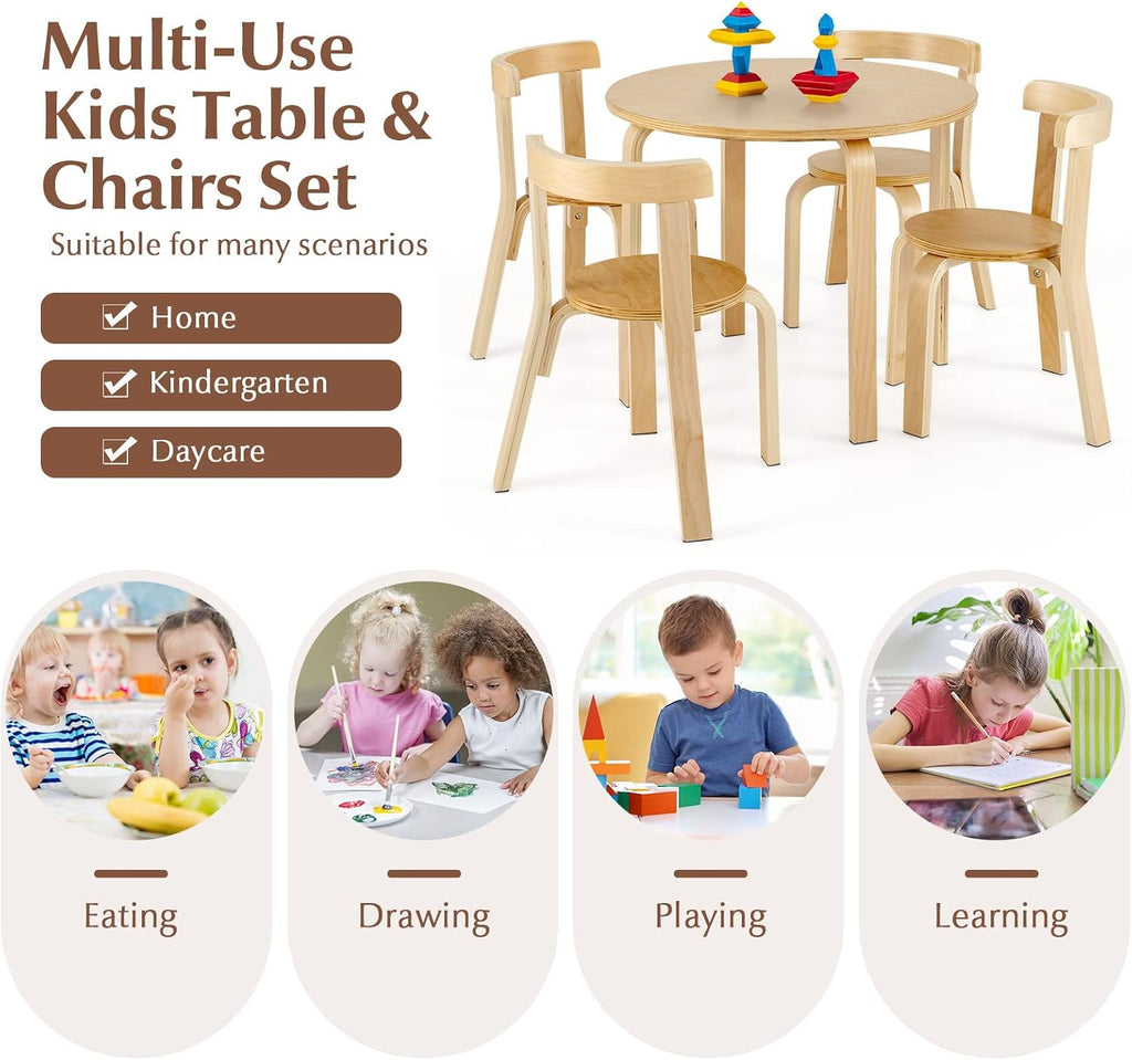 Costzon Kids Table and Chair Set, 5-Piece Wooden Activity Desk Set w/Toy Bricks, Classroom Playroom Daycare Furniture for Playing, Drawing, Reading, Bentwood Toddler Table and Chairs (Natural)