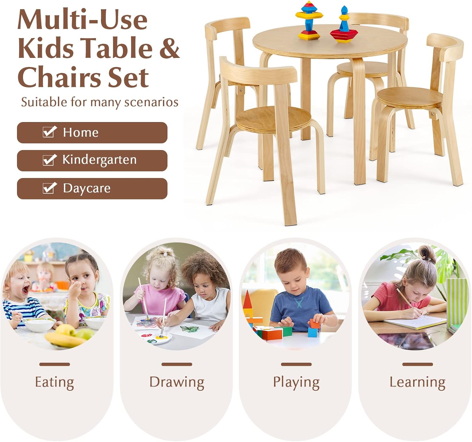 Costzon Kids Table and Chair Set, 5-Piece Wooden Activity Desk Set w/Toy Bricks, Classroom Playroom Daycare Furniture for Playing, Drawing, Reading, Bentwood Toddler Table and Chairs (Natural)