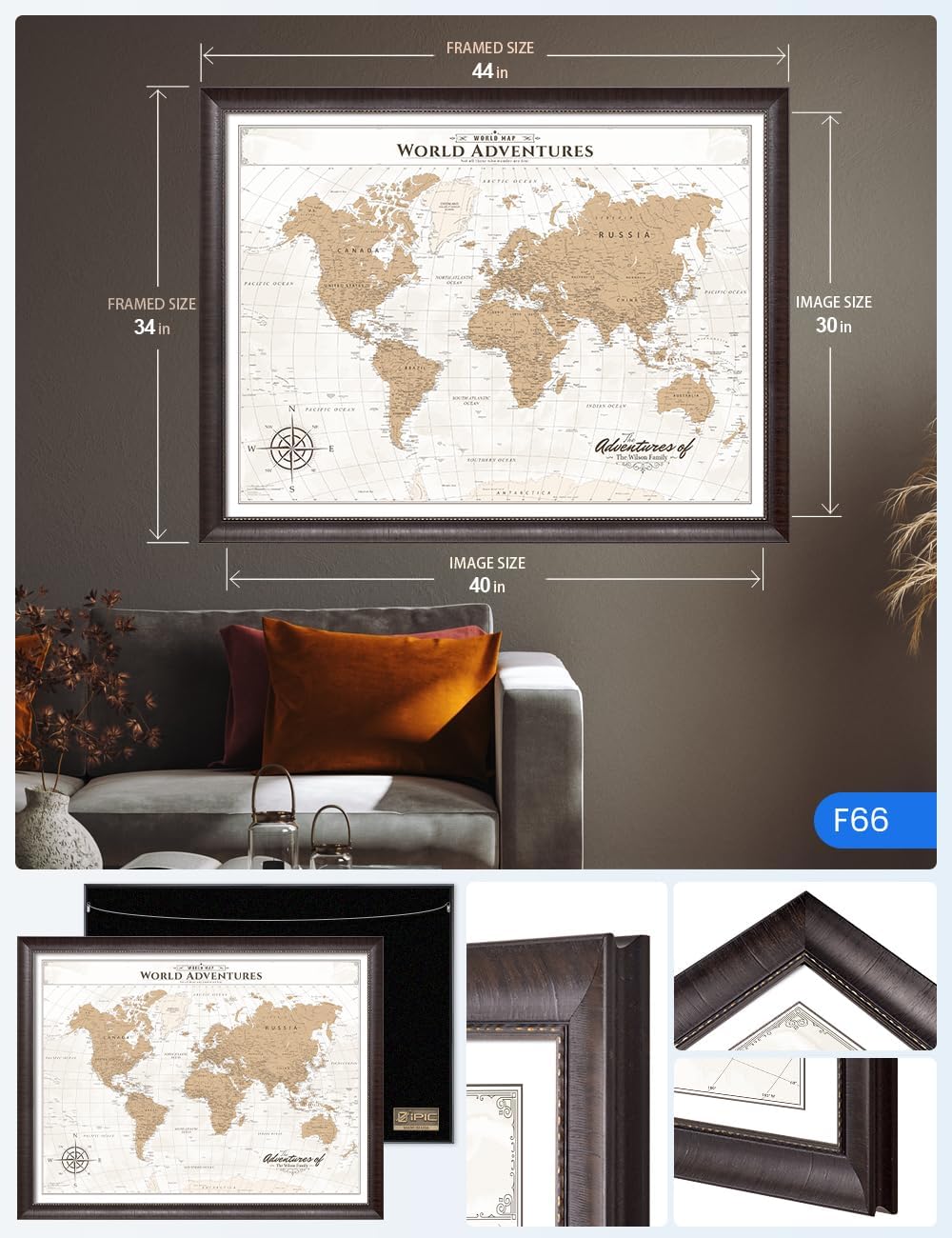 IPIC - Framed Vintage World Map Canvas Wall Art, Personalized Push Pin Travel Map with Name and Message to Track Travels, Oversized Pinnable Wall Decor for Home, Office, Study or RV