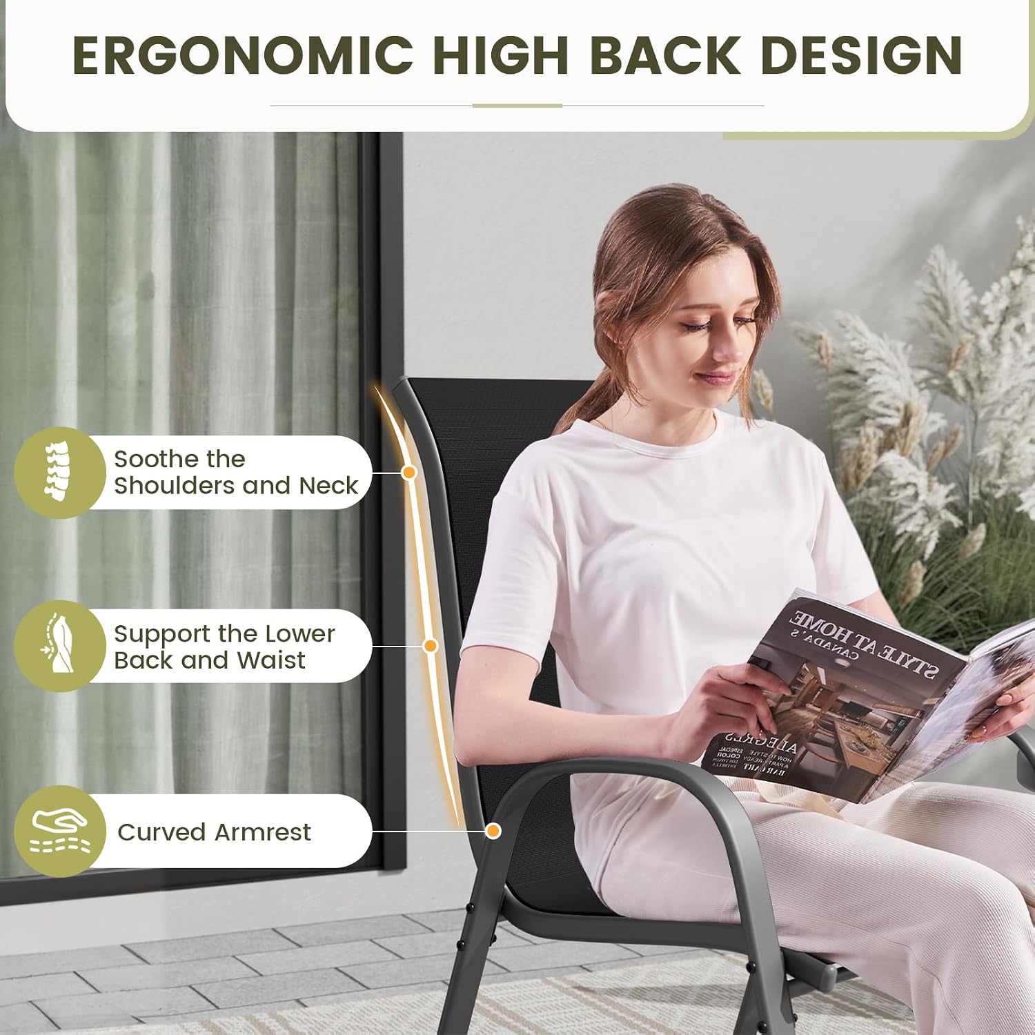 UDPATIO Patio Chairs Set of 6, Stackable Outdoor Dining Chairs with High Back, Breathable Textilene Fabric Outdoor Chair All Weather, 350LBS Capacity for Garden, Backyard (Black)