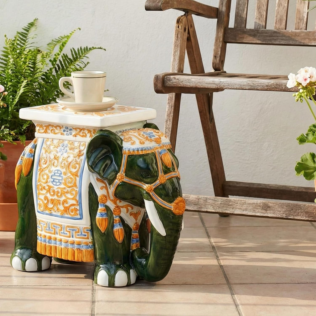 Leinuosen Elephant Garden Stool 16.5 Inch - Resin Elephant Side Table & Plant Stand, Indoor Outdoor Decorative Accent Table for Patio Balcony Living Room, Bohemian Home Decor Gift(Green Color)
