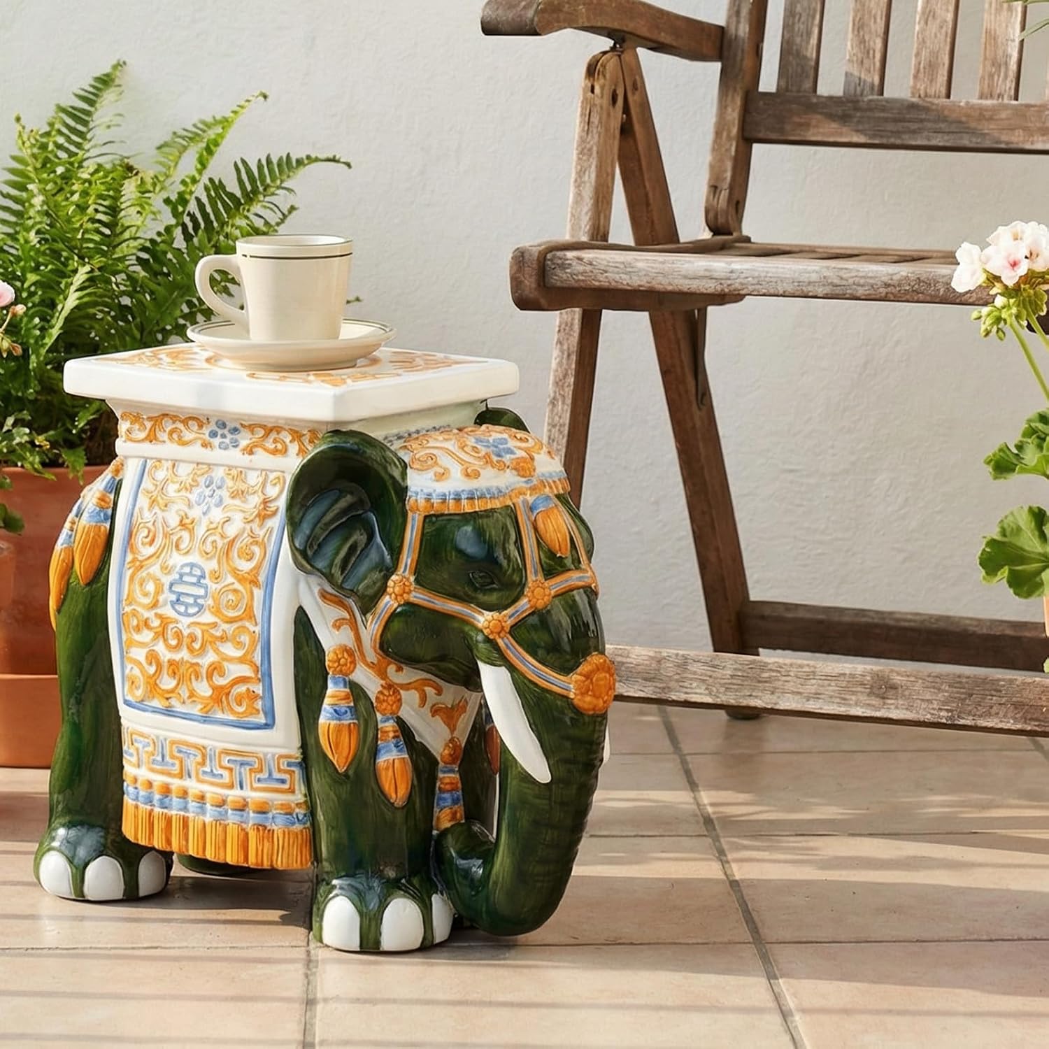 Leinuosen Elephant Garden Stool 16.5 Inch - Resin Elephant Side Table & Plant Stand, Indoor Outdoor Decorative Accent Table for Patio Balcony Living Room, Bohemian Home Decor Gift(Green Color)