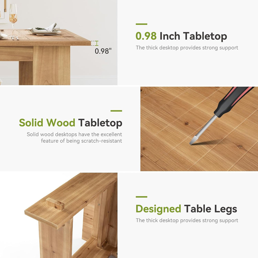 LITTLE TREE Solid Wood Dining Table for 4-6 People, 63 Inches Rectangle Kitchen Table with Heavy Duty Legs, Modern Wooden Furniture for Living Room, Dining Room, Wood Color