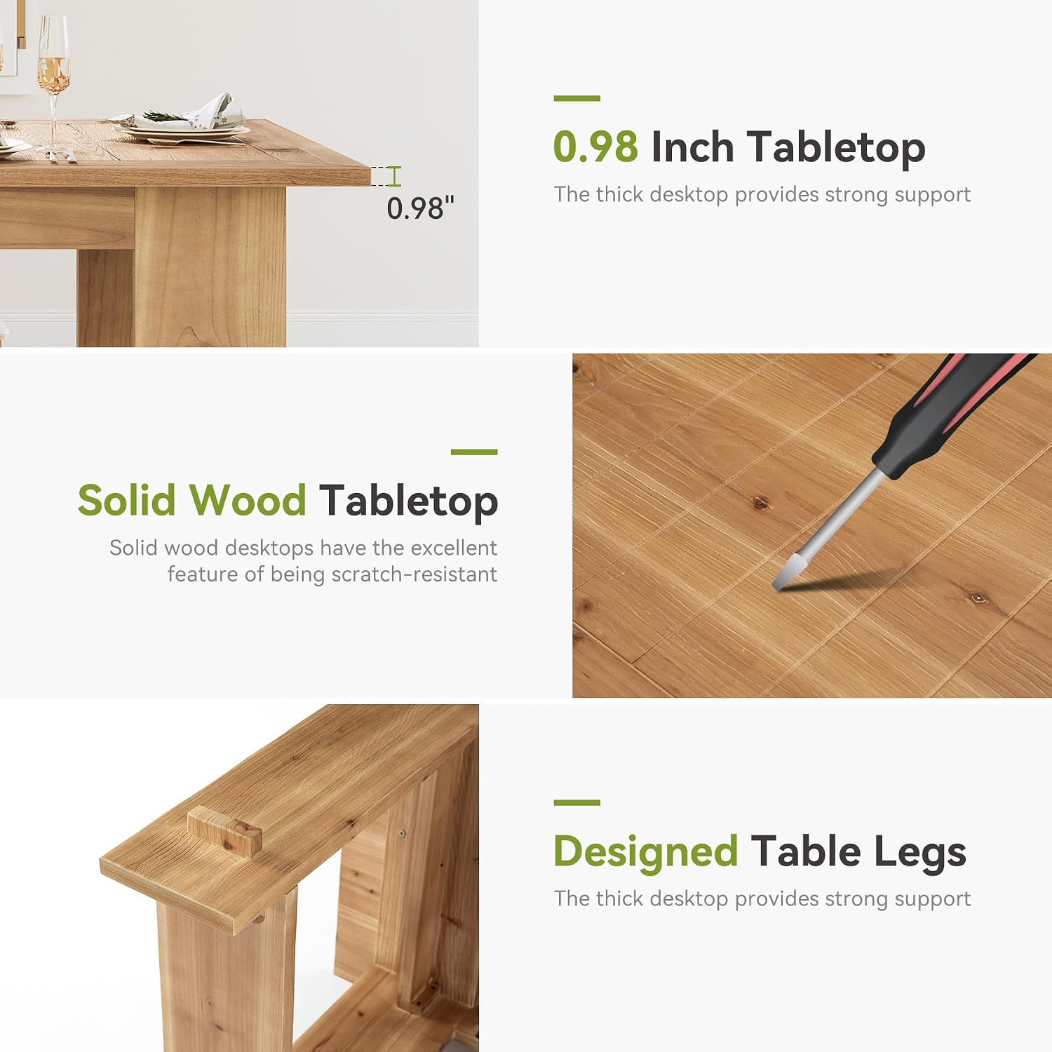 LITTLE TREE Solid Wood Dining Table for 4-6 People, 63 Inches Rectangle Kitchen Table with Heavy Duty Legs, Modern Wooden Furniture for Living Room, Dining Room, Wood Color