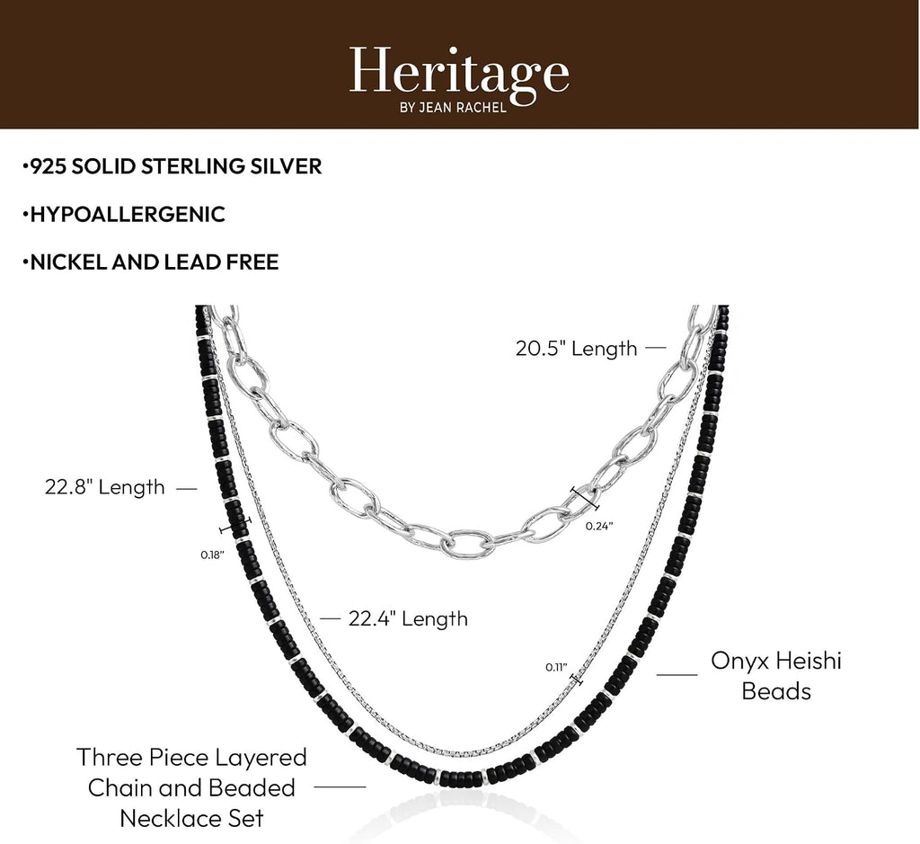 JEANRACHEL JEWELRY Men's 3-Piece Necklace Layering Set - Hammered Link Chain, Box Chain & Black Onyx Beads - Midnight Bundle