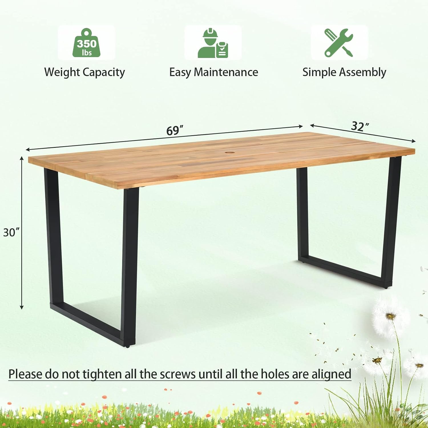 HAPPYGRILL Acacia Wood Dining Table for 6, Outdoor Patio Table with Metal Frame and 2 inch Umbrella Hole, 69 x 32 inch Rectangular Outdoor Table for Porch Balcony Garden