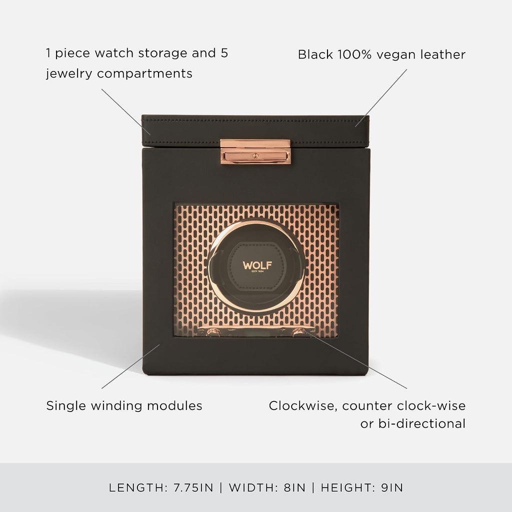 Wolf Axis Watch Winder with Storage - Secure Fit with Patented Lock-in Dynamic Cuff - Accommodates All Wrist Sizes - Vegan Leather - Includes Universal Adapter