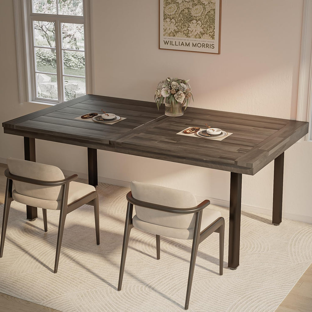 OFIKA Dining Table for 6-8 People, 70' Acacia Wood Rustic Rectangular Dinner Table with Metal Frame, Sandblast Finish, Natural Stained, Indoor Outdoor Kitchen Dining Room Table Large 70x33.2x30 inch