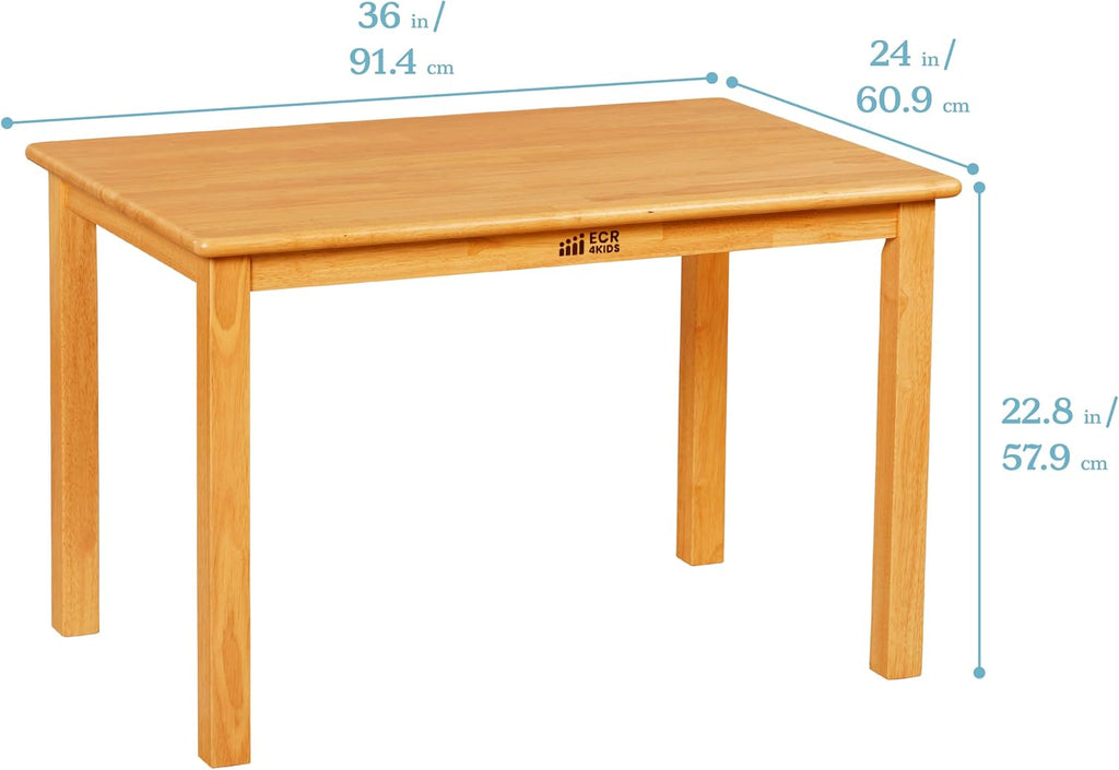 ECR4Kids 24in x 36in Rectangular Hardwood Table and Chair Set, 12in Seat Height, Kids Furniture, Honey, 3-Piece