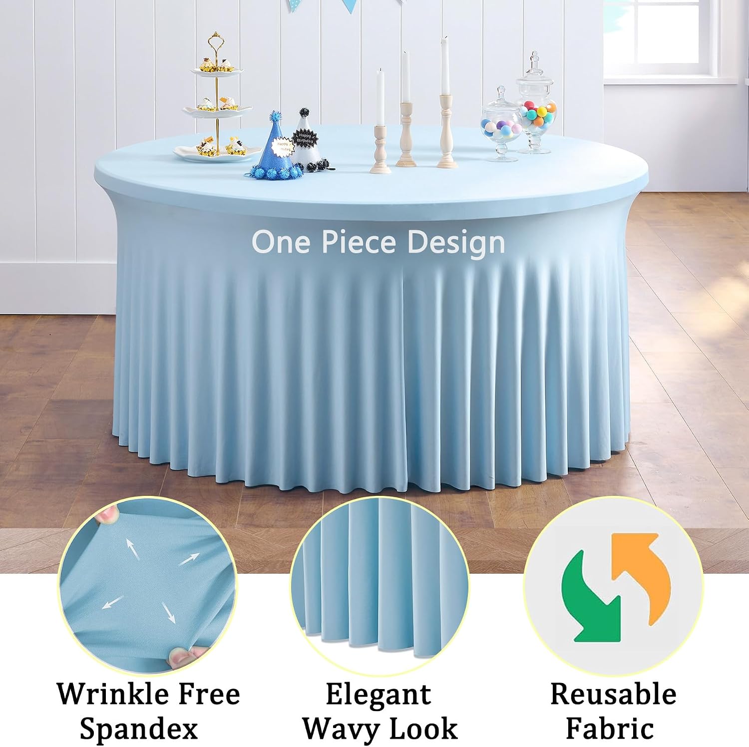 6 Pack Spandex Baby Blue Round Tablecloths for 60in Table, Stretchy 120inch Fitted 5ft Table Cloths, Wrinkle Free Round Tablecovers Skirt for Wedding Birthday Parties Baby Shower Banquet