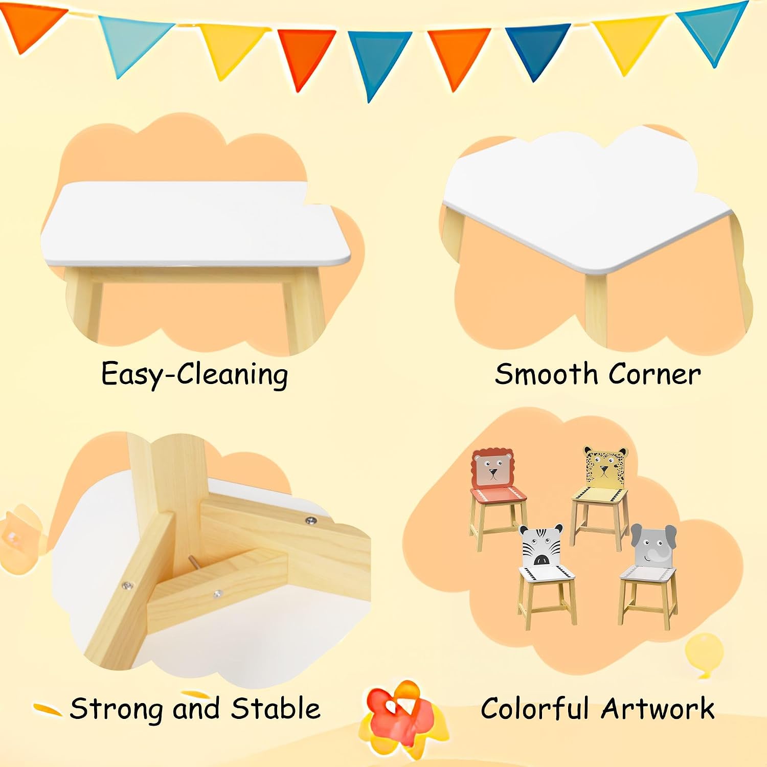 GDFStudio Toddler Table and Chair Set, 5-Piece Kids Dinner Table and Chairs for Ages 3-8, Cartoon Animals Solid Wood Play Table for Drawing, Study, Dining Room, Nursery and Kindergarten, White