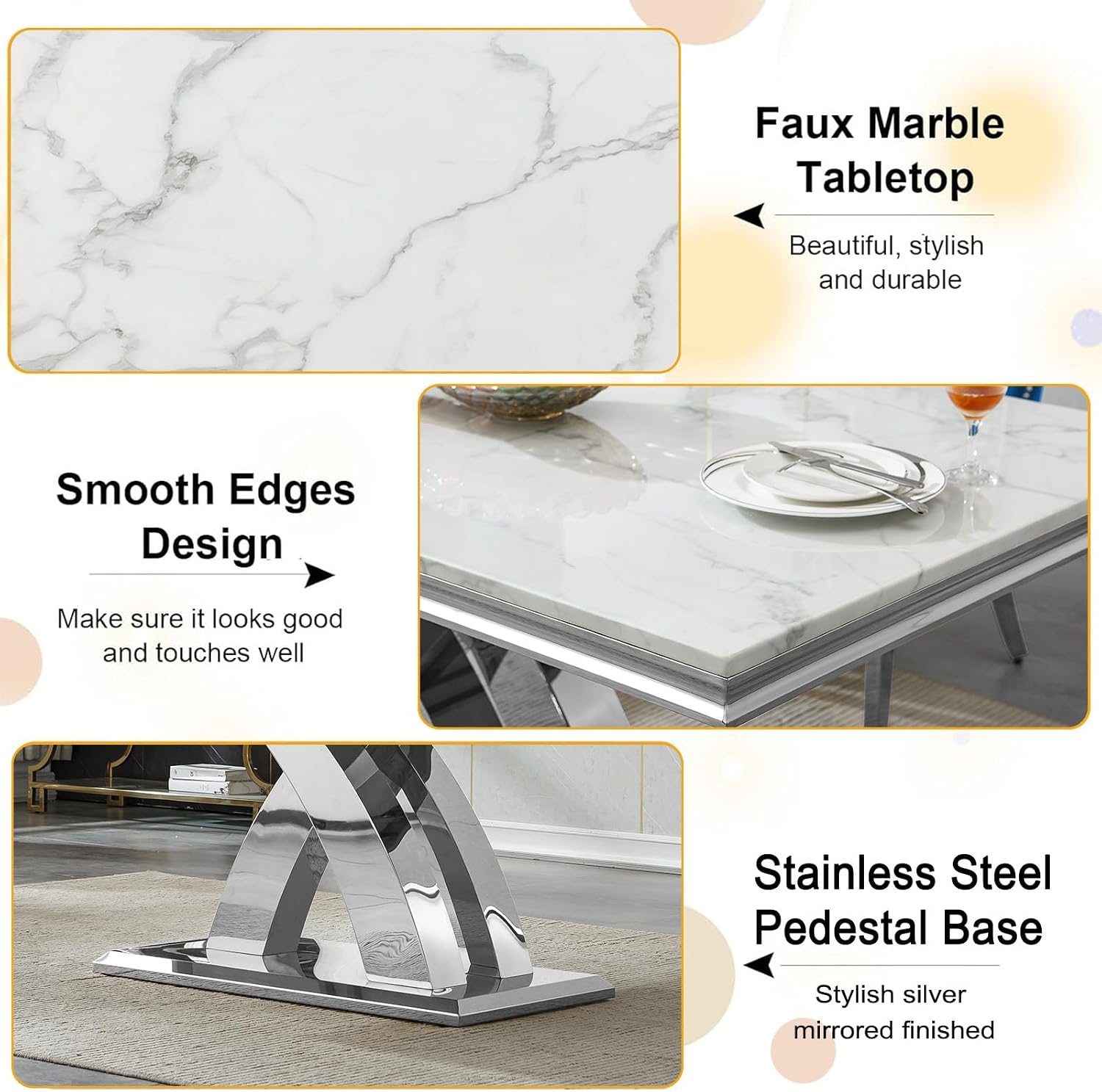 68' Luxury Rectangular Marble Dining Table for 4 to 6, White Faux Marble Kitchen Table with Silver X Shape Stainless Steel Pedestal, Modern Kitchen Dining Room Table for Breakfast Dinette Dinner Party