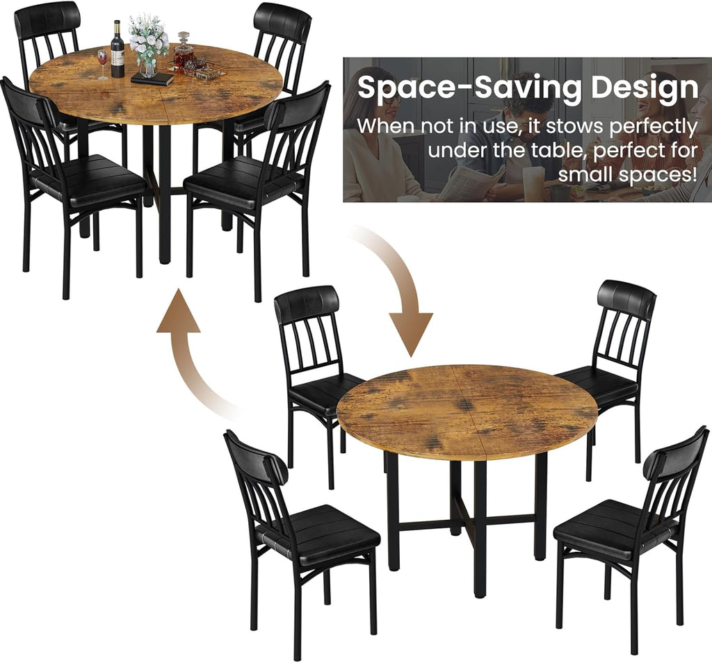 AWQM Round Dining Table Set for 4, Wood Circle Kitchen Table and Chairs Set for 4, Modern Dining Room Sets with 4 Faux Leather Chairs, Round Dinner Table for Small Space, Walnut