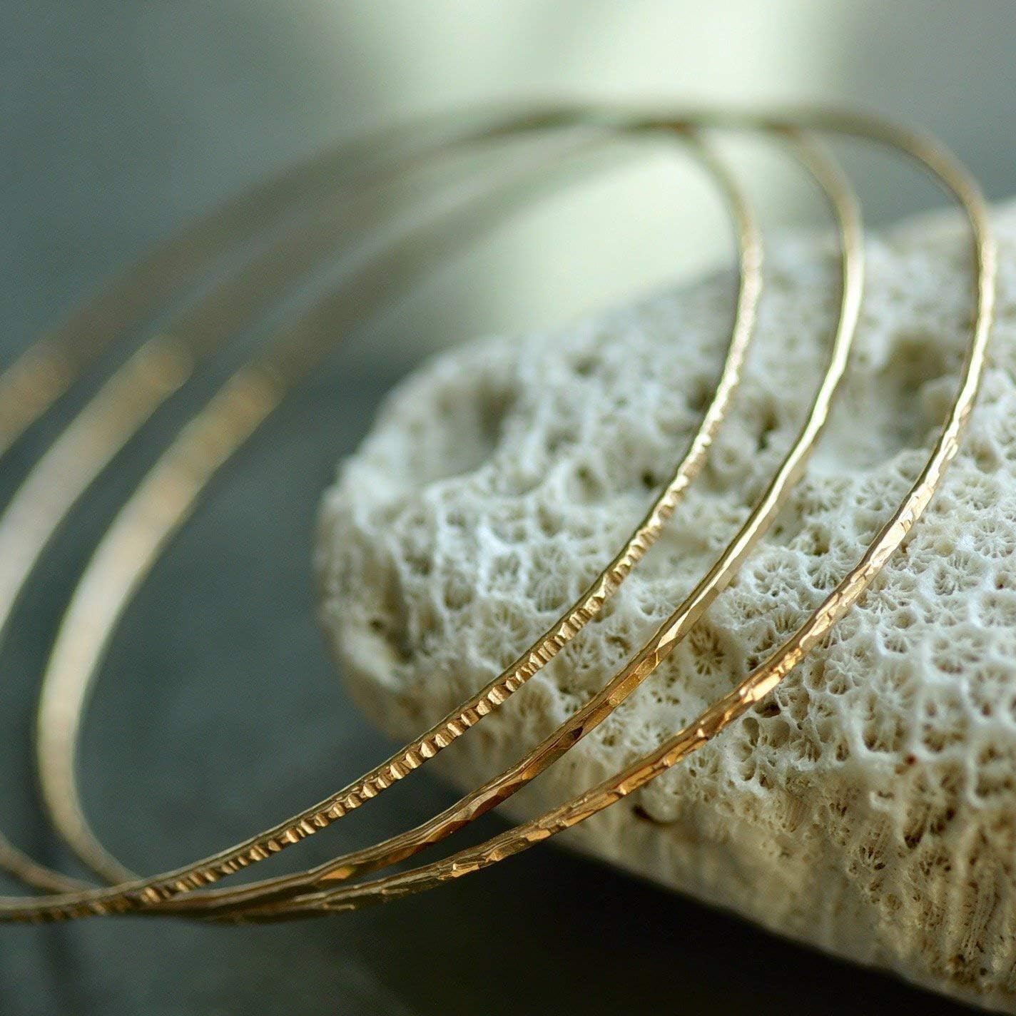 14k gold filled Bangles hammered slip on set of 3 textures, Mu-Yin Jewelry Handmade in USA