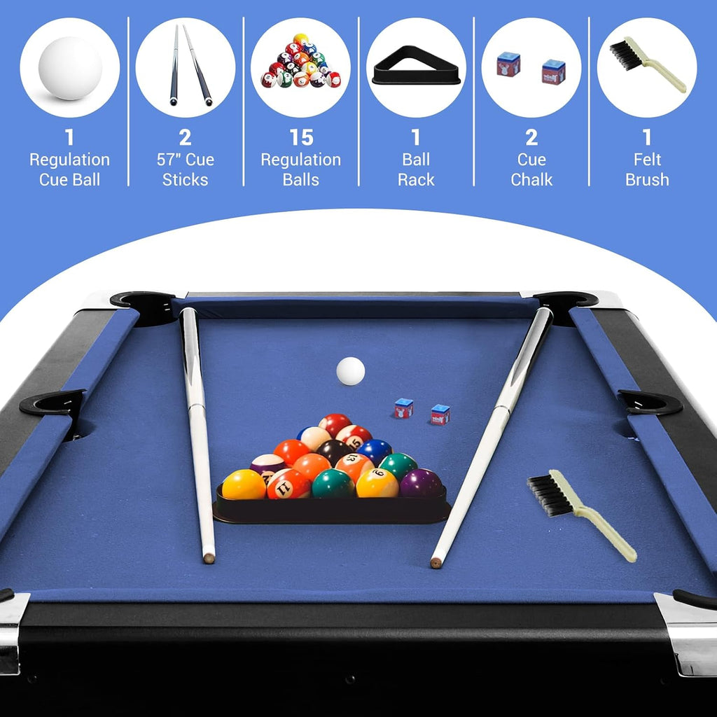 6,7 Foot Foldable Pool Table, Portable Billiards Table with Full Accessories Set, No Assembly, Metal k-Shaped Legs, Includes 16 Balls, 2 Cue Sticks, Chalk, Rack & Brush, Game Room Table for Home, Apar