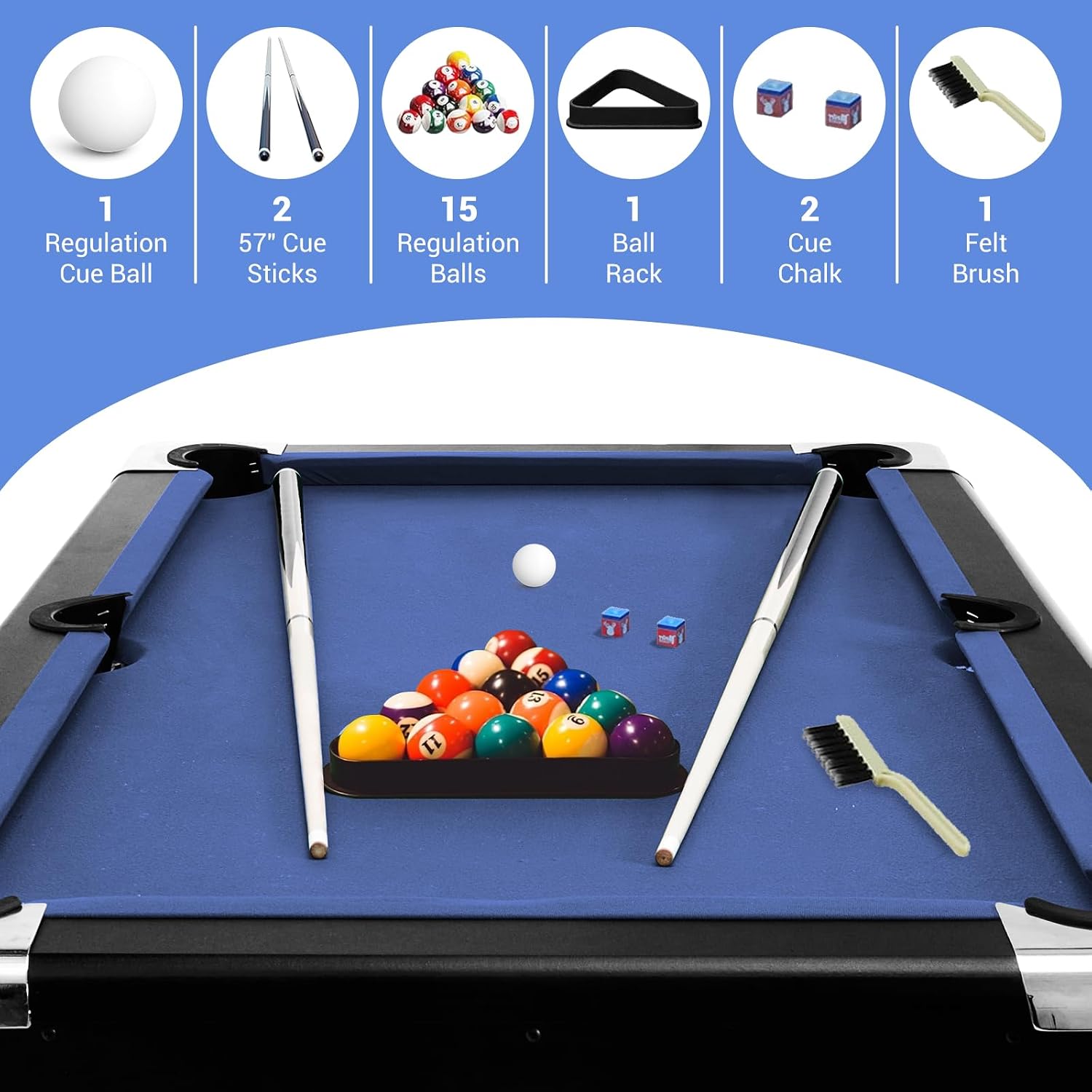 6,7 Foot Foldable Pool Table, Portable Billiards Table with Full Accessories Set, No Assembly, Metal k-Shaped Legs, Includes 16 Balls, 2 Cue Sticks, Chalk, Rack & Brush, Game Room Table for Home, Apar