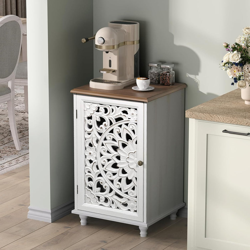 JOINICE Small Accent Cabinet with Carved Mandala Door, Boho Distressed End Table for Living Room, Bedroom, Entryway, White