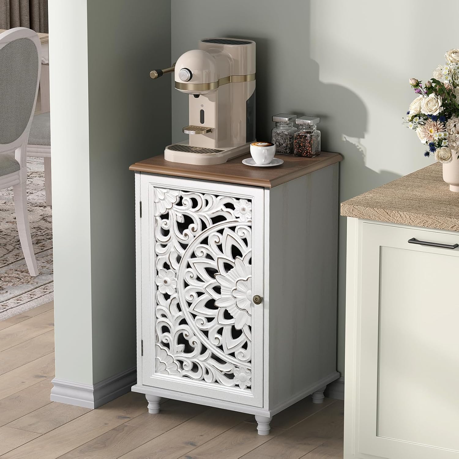 JOINICE Small Accent Cabinet with Carved Mandala Door, Boho Distressed End Table for Living Room, Bedroom, Entryway, White
