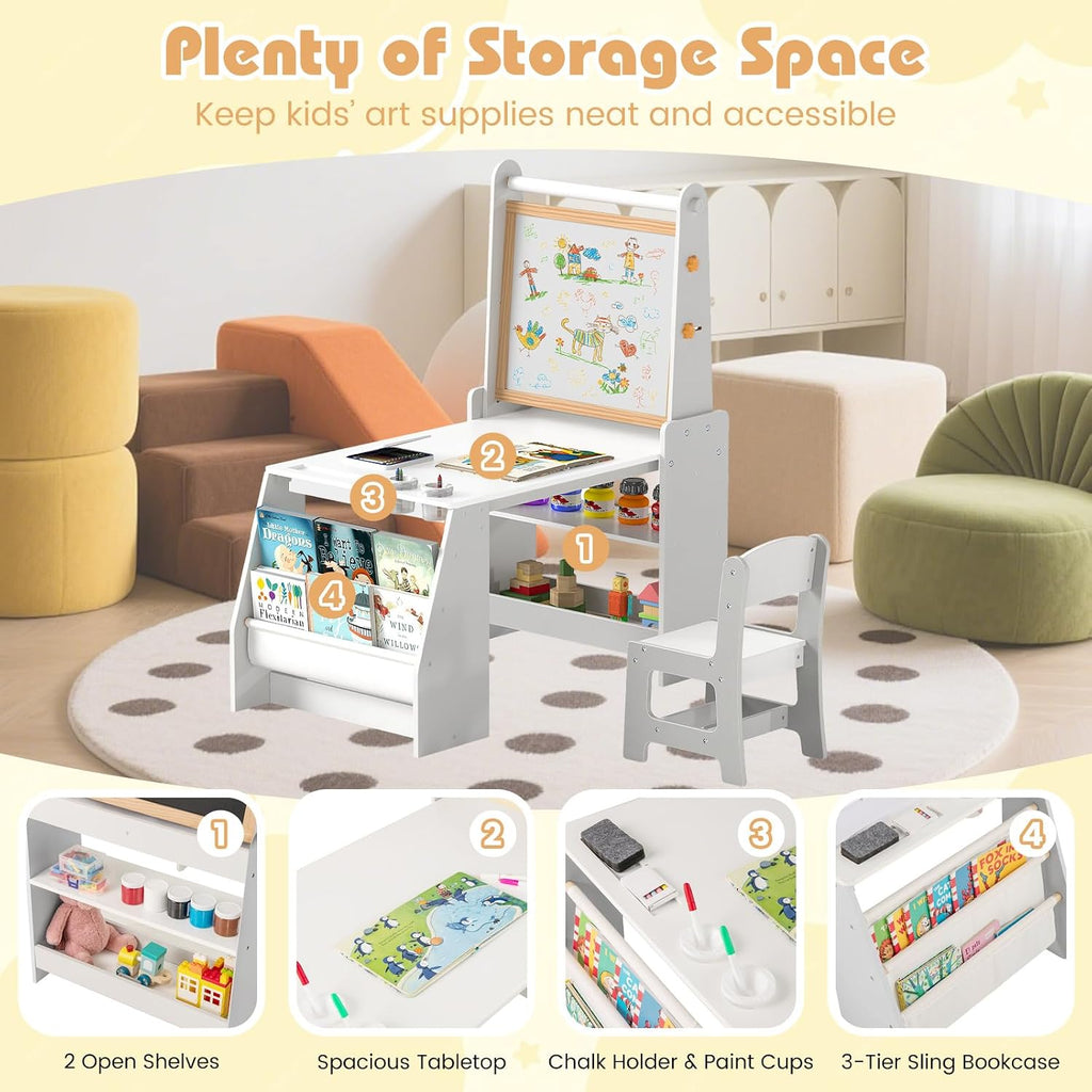 HONEY JOY Kids Art Table, Wooden Arts and Crafts Activity Set w/Adjustable Magnetic Whiteboard & Chalkboard, Paper Roll, Bookshelves & Storage Shelves, Toddler Table and Chair Set (Gray)