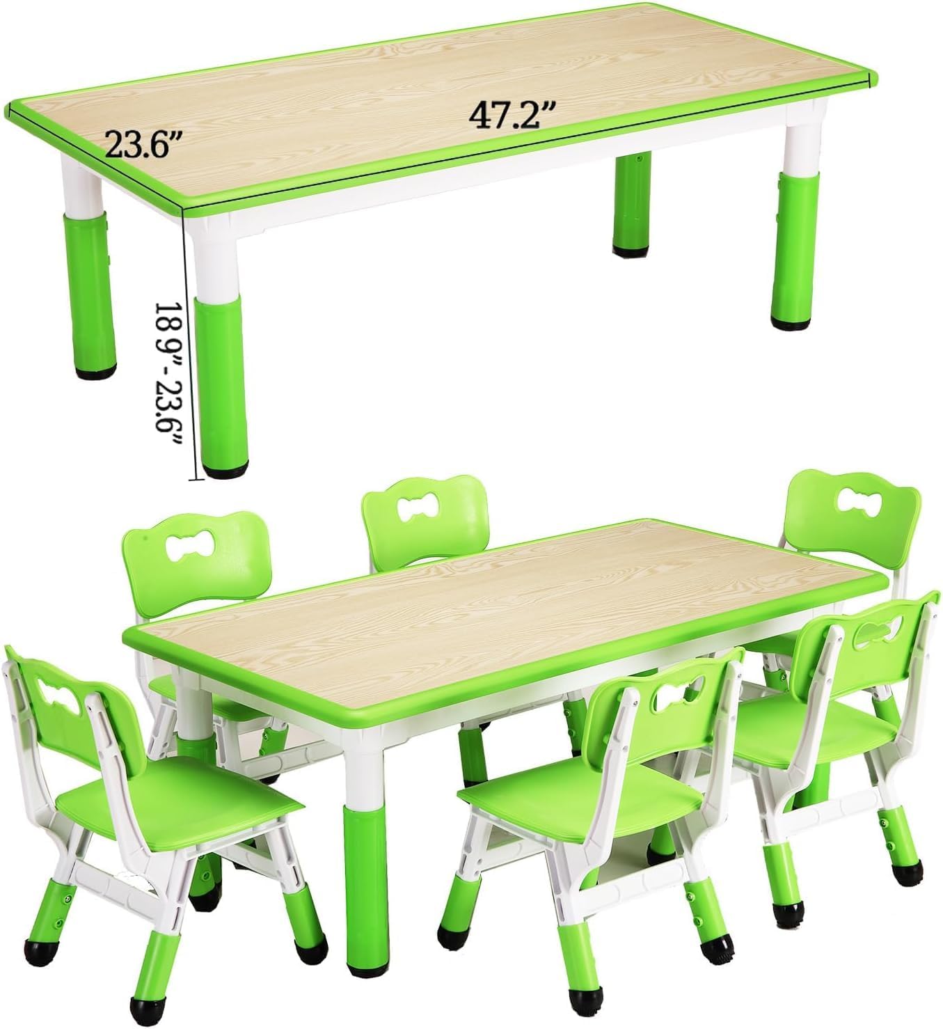 Garvee Kids Table and 6 Chair Set,47 in Modern Height Adjustable Toddler Table and 6 Chairs Set with Non-Slip Desk Legs&Organizer Graffiti Desktop,Preschool Activity Art Craft Tables for 6(Green)