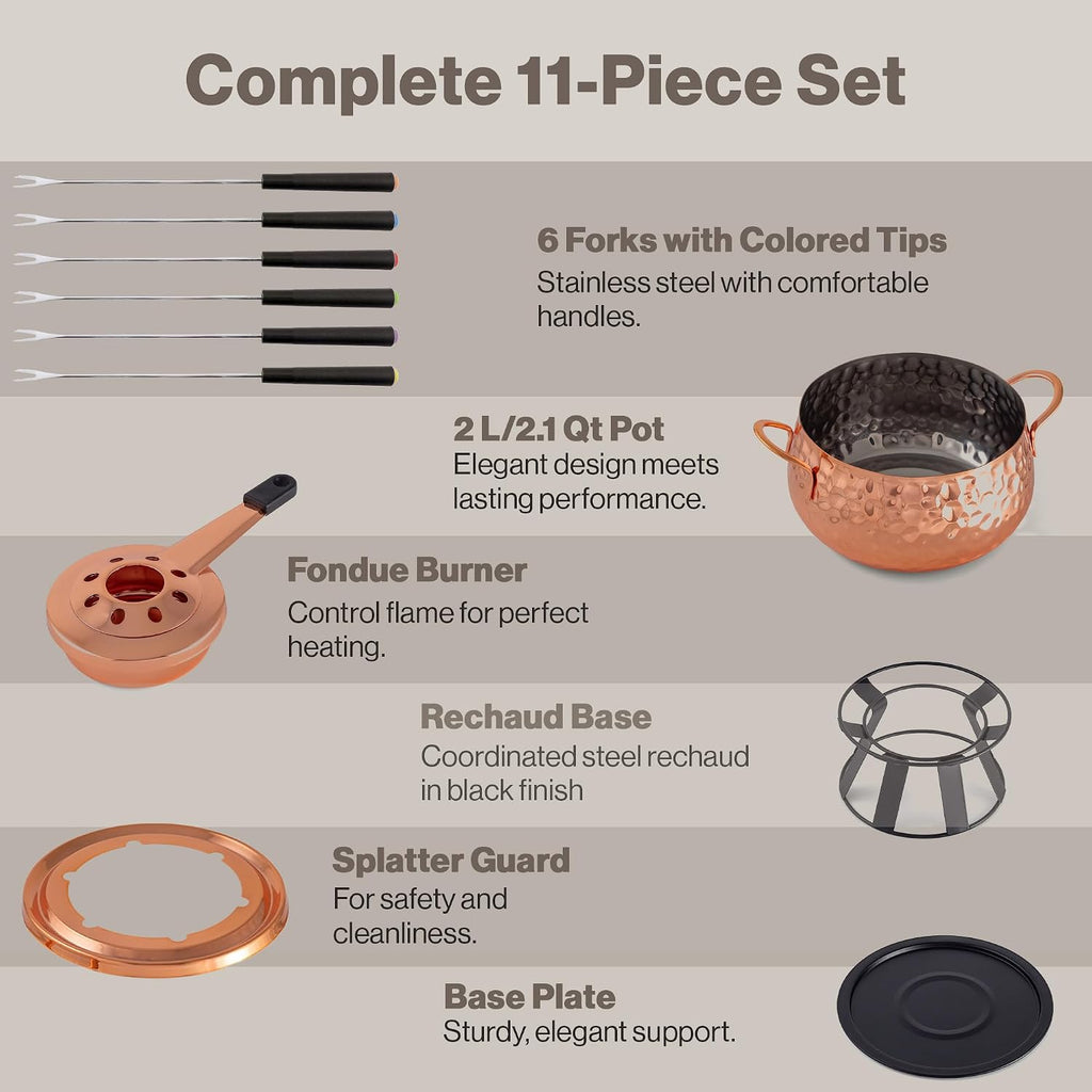 Swissmar Biel 11-Piece Copper-Plated Fondue Set – Hammered Finish – Ideal for Oil & Broth Cooking – Perfect for Entertaining, Kitchen Collections & Wedding Gifts – 2 Liter / 2.1 Quarts