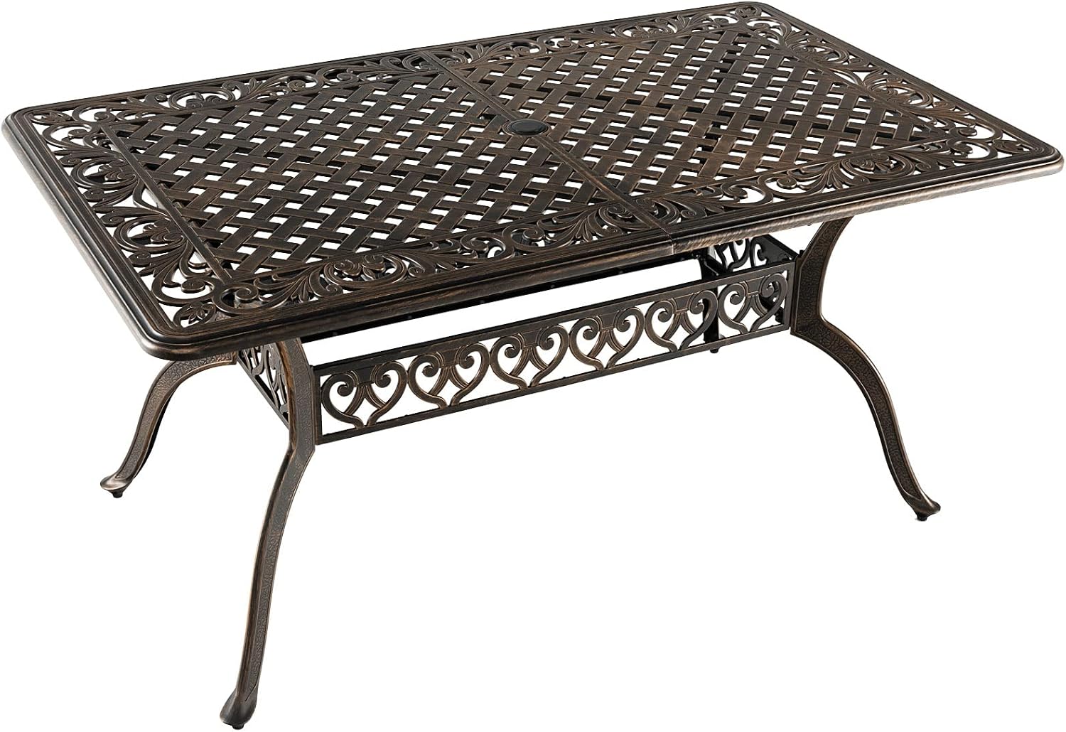 Tangkula 59 Inches Outdoor Dining Table, All-Weather Cast Aluminum Table with Umbrella Hole, 6-8 Person Rectangular Dining Table for Garden, Backyard and Poolside (Bronze)