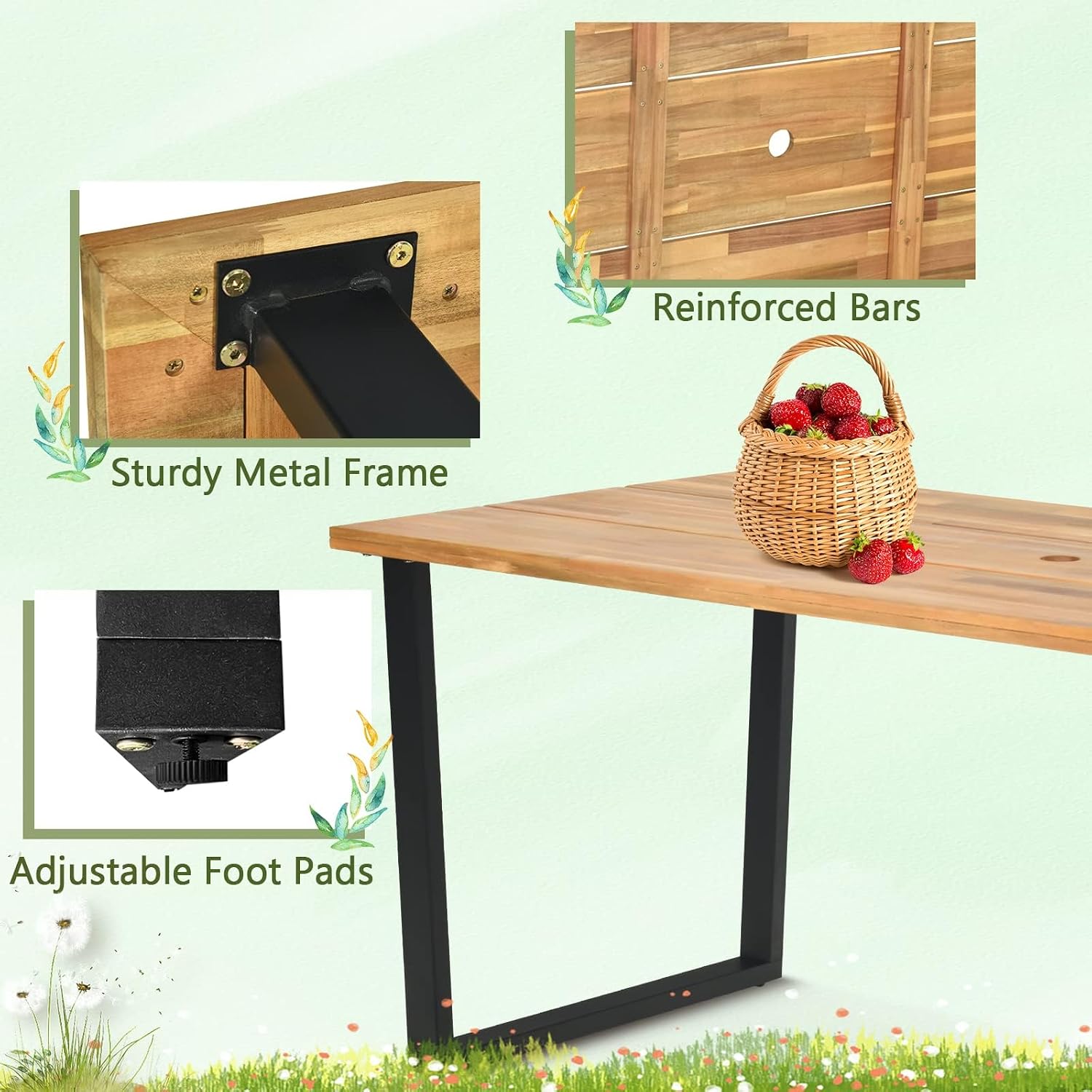 HAPPYGRILL Acacia Wood Dining Table for 6, Outdoor Patio Table with Metal Frame and 2 inch Umbrella Hole, 69 x 32 inch Rectangular Outdoor Table for Porch Balcony Garden