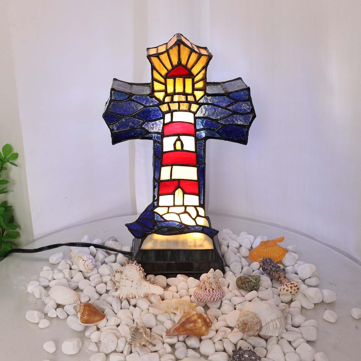 Bieye L12020 Christian Cross Tiffany Style Stained Glass Table Lamp for Home Décor (Lighthouse)