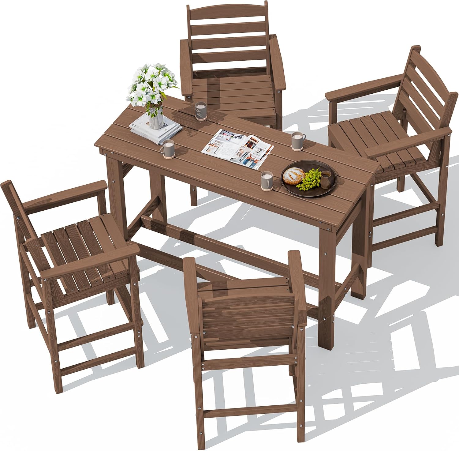 SERWALL Outdoor Bar Set - 4 Adirondack Bar Chairs & Bar Height Table with 1.6' Umbrella Hole, All-Weather HDPE Patio Furniture for Poolside, Backyard, Garden - Brown