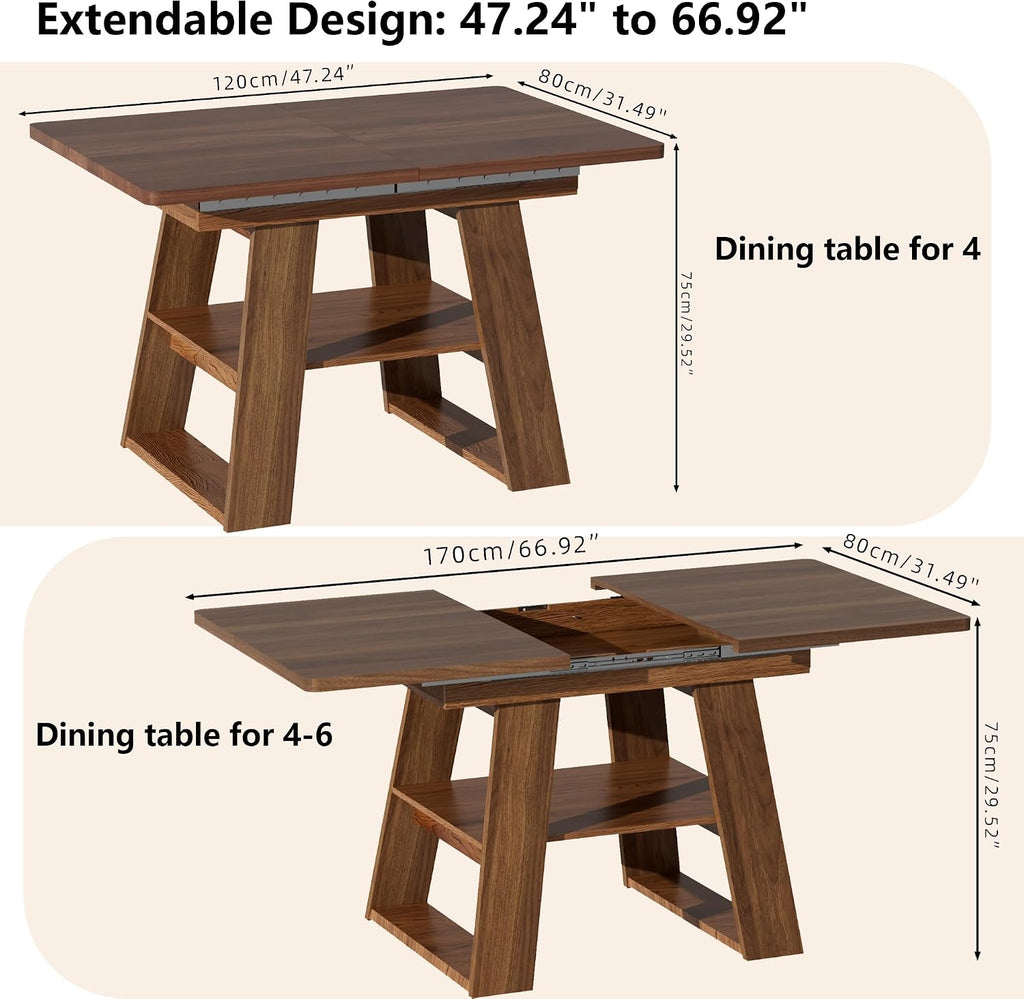 Lxsxlome 47.24''-66.92'' Extendable Dining Room Table for 4-6, Rectangle Extendable Kitchen Table with Removable Leaves, Space Saving, Wooden Dining Table with Storage Shelf (Style 2, Walnut)