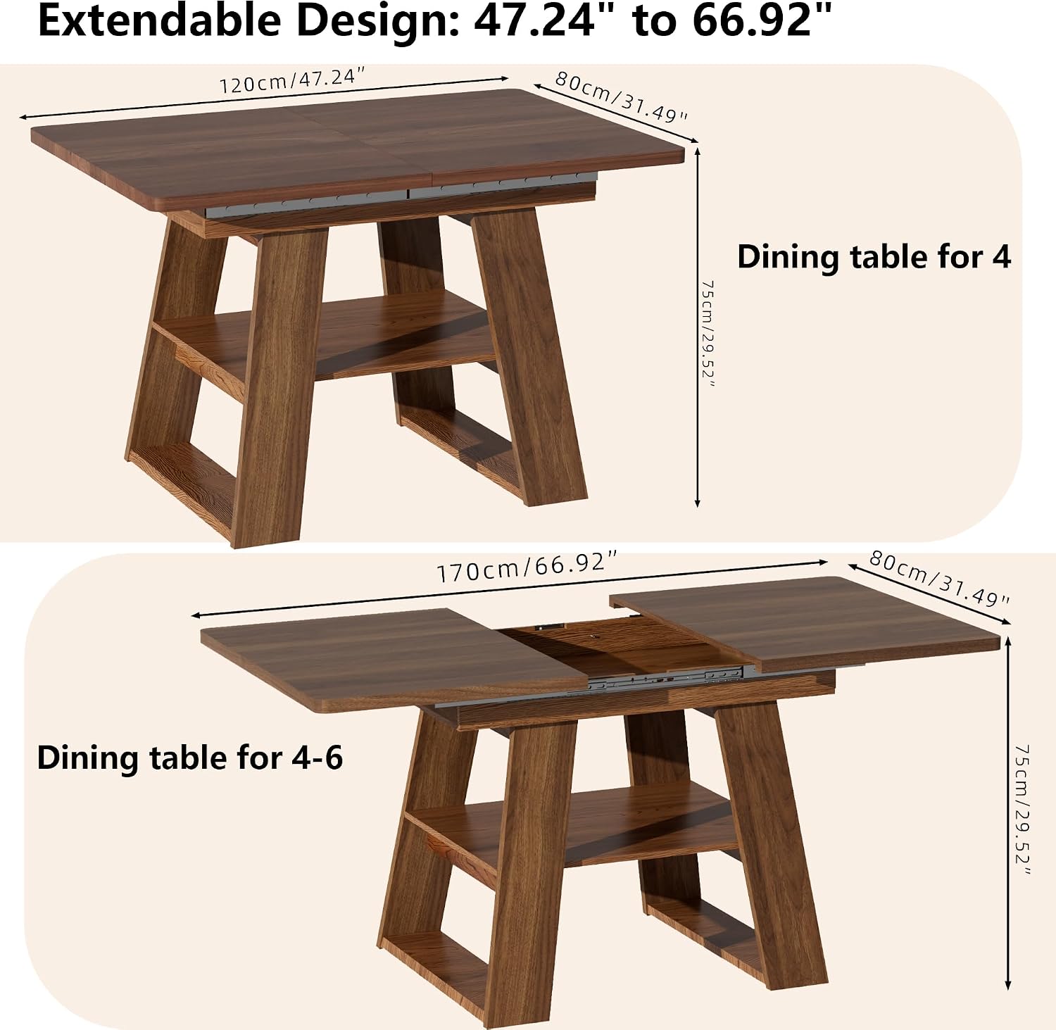 Lxsxlome 47.24''-66.92'' Extendable Dining Room Table for 4-6, Rectangle Extendable Kitchen Table with Removable Leaves, Space Saving, Wooden Dining Table with Storage Shelf (Style 2, Walnut)