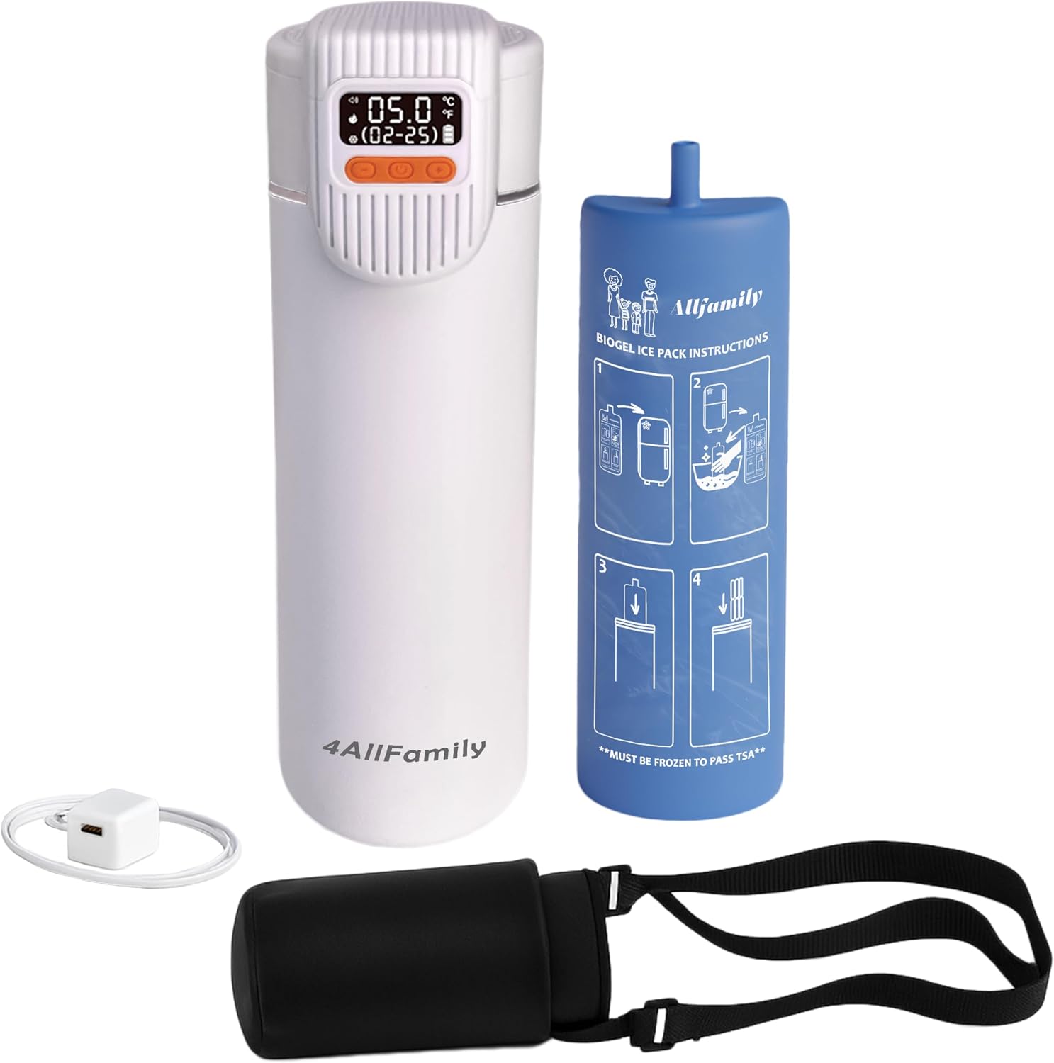 4AllFamily Nomad Big PRO Insulin Cooler Travel Case – 52H Medication Cooler for Travel with Digital Temperature Display – Insulin Pen Cold Case with Medicine Bag & Reusable Big Blue Thermo - White