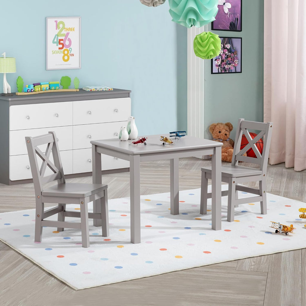 eHemco Solid Hard Wood Kids Table and Chair Set (2 Chairs Included), Cozy Grey, 3 Piece Set
