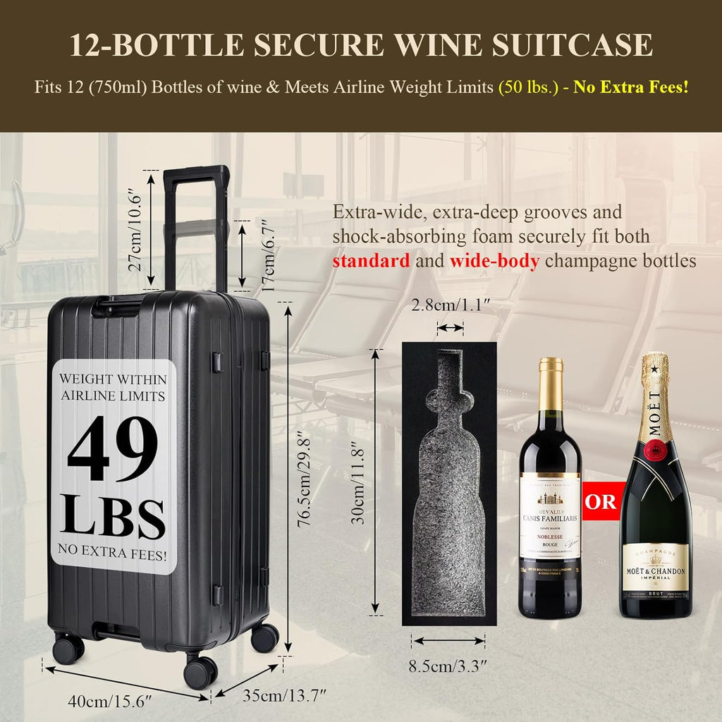 12-Bottle Wine Suitcase for airplanes Travel, TSA-Approved Checked Luggage, PC Hard Shell with Shockproof Foam, Maximum Protection for Airline Transport of Wine Bottles (12 bottles)