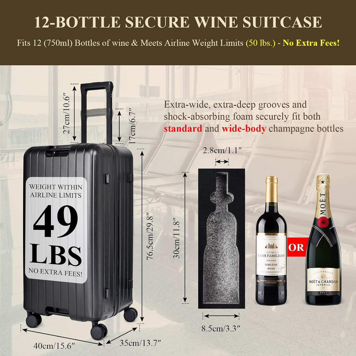 12-Bottle Wine Suitcase for Airplanes | TSA-Approved Checked Luggage | Durable PC Hard Shell & Shockproof Foam | Maximum Protection Travel Case for Airline Transport