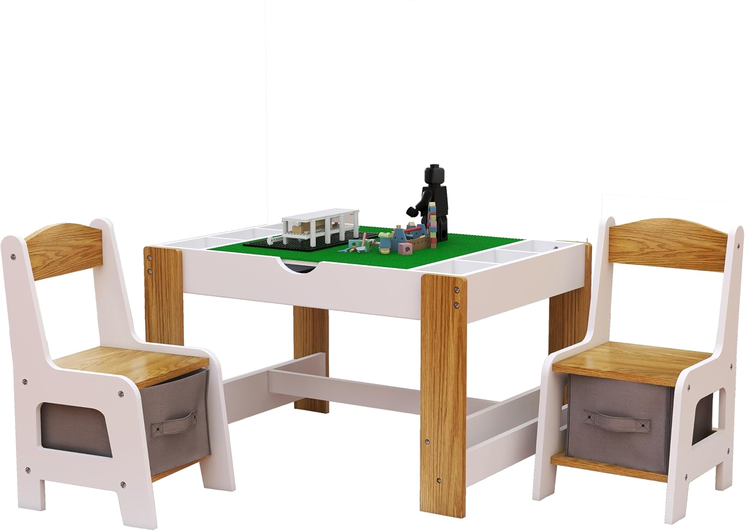 3 in 1 Play Table & 2 Chairs Set, Gaming Table with 7 Storage Compartments Compatible with LEGO Building Block, Modern Activity Learning Table Game Furniture, White+Green