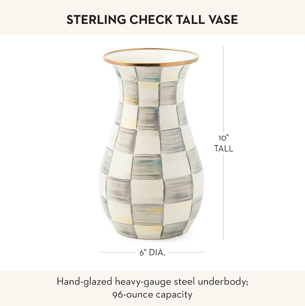 MACKENZIE-CHILDS Tall Enamel Vase, Unique Flower-Vase Decor for Living Room, Gray-and-White Sterling Check