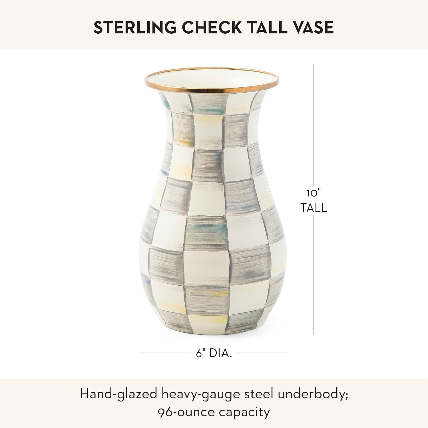 MACKENZIE-CHILDS Tall Enamel Vase, Unique Flower-Vase Decor for Living Room, Gray-and-White Sterling Check