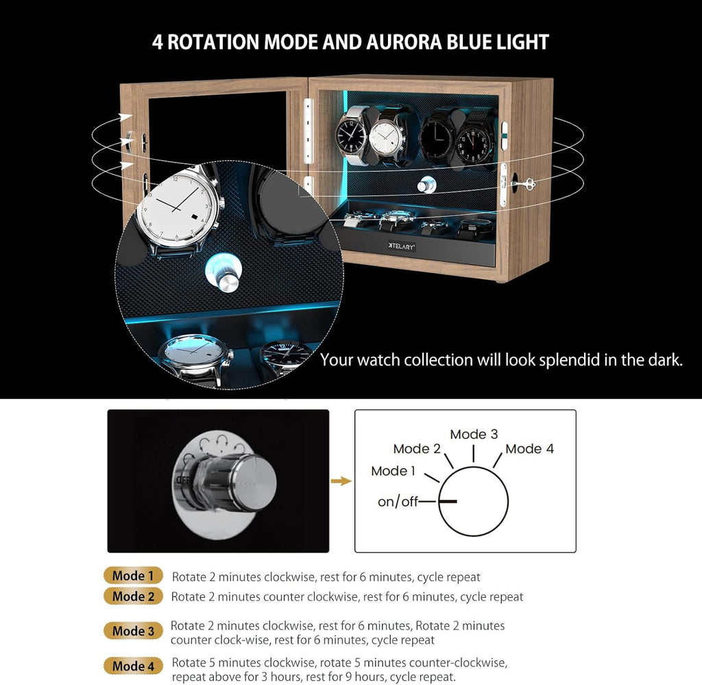 XTELARY Lockable Automatic Watch Winder - 4/6/8/12 Watch Storage, 4 Rotation Modes, Quiet Motor, Backlight