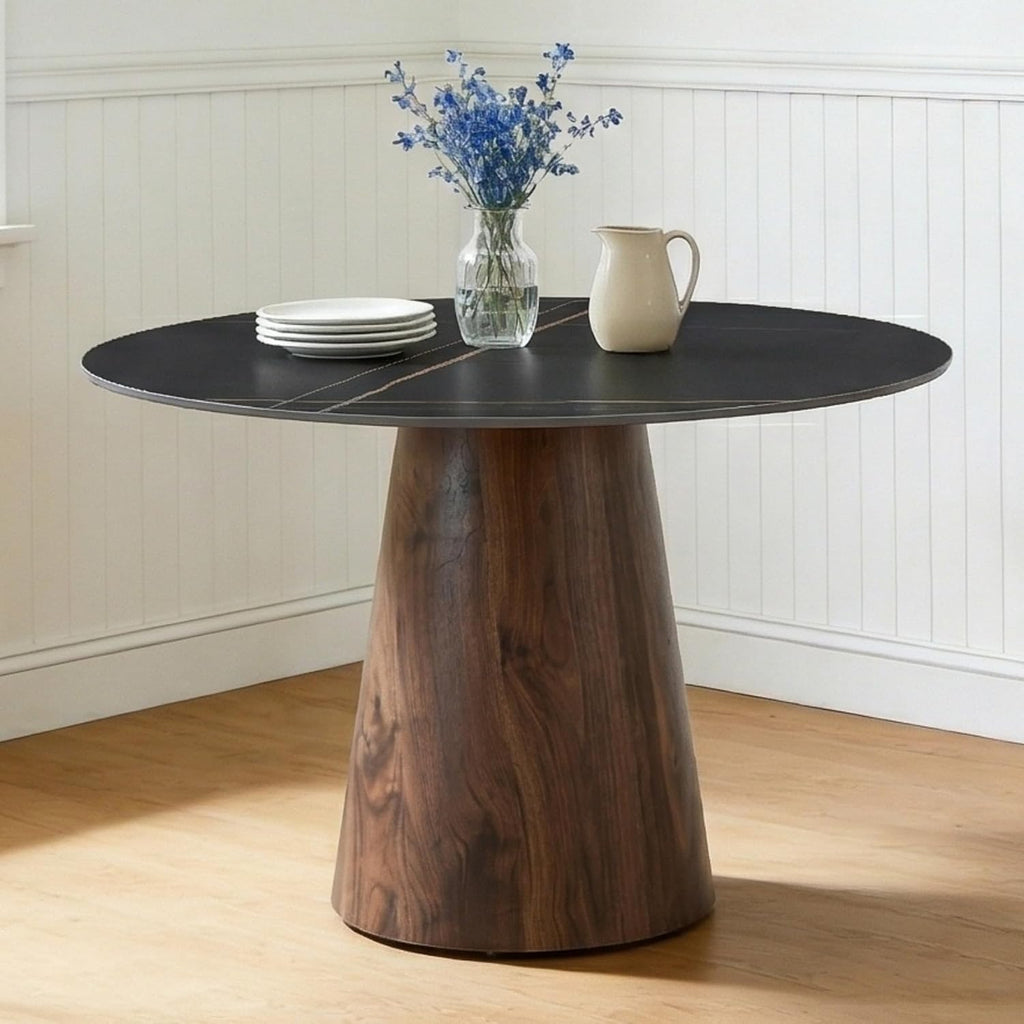 Faux Marble Round Dining Table for 4/5/6, 42' Modern Round Kitchen Table with Black Sintered Stone Top and Walnut Stable Pedestal for Apartment,Restaurant,Small Space