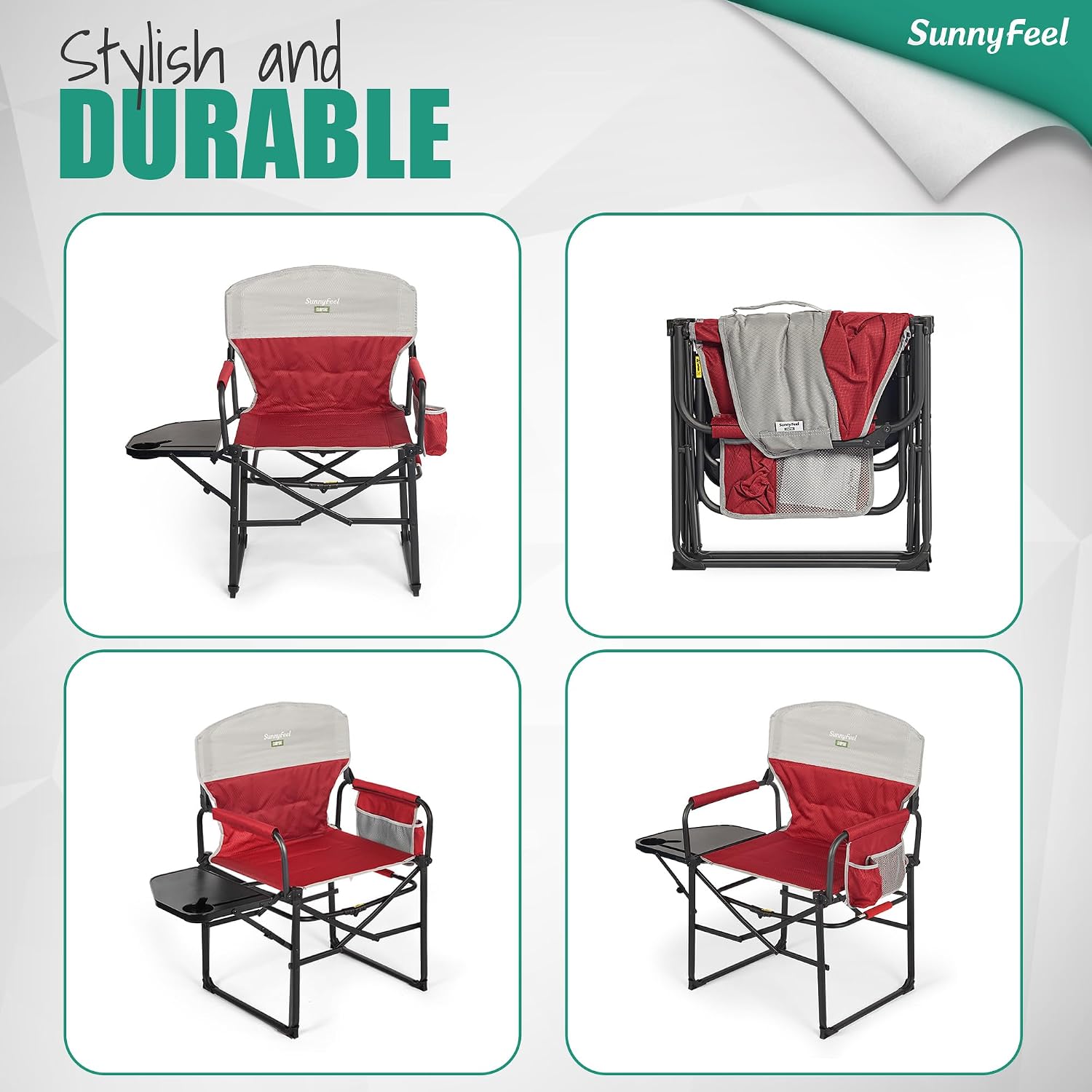 SUNNYFEEL Camping Directors Chair, Heavy Duty,Oversized Portable Folding Chair with Side Table, Pocket for Beach, Fishing,Trip,Picnic,Lawn,Concert Outdoor Foldable Camp Chairs