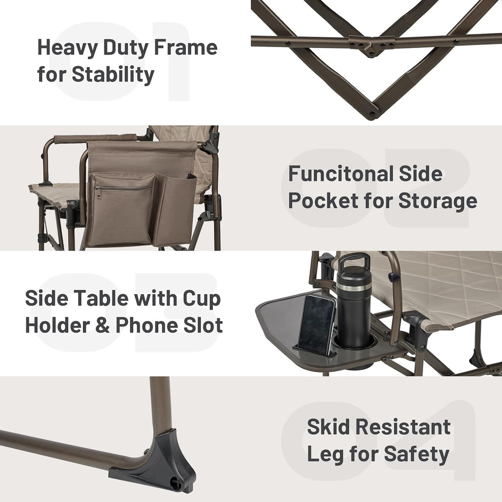 TIMBER RIDGE Aluminum Camping Directors Chair with Side Table Pocket, Portable Folding Chair, Heavy Duty Lawn Chair for Fishing Trip Picnic Concert Outdoor 400lbs, Tan 2 Pack
